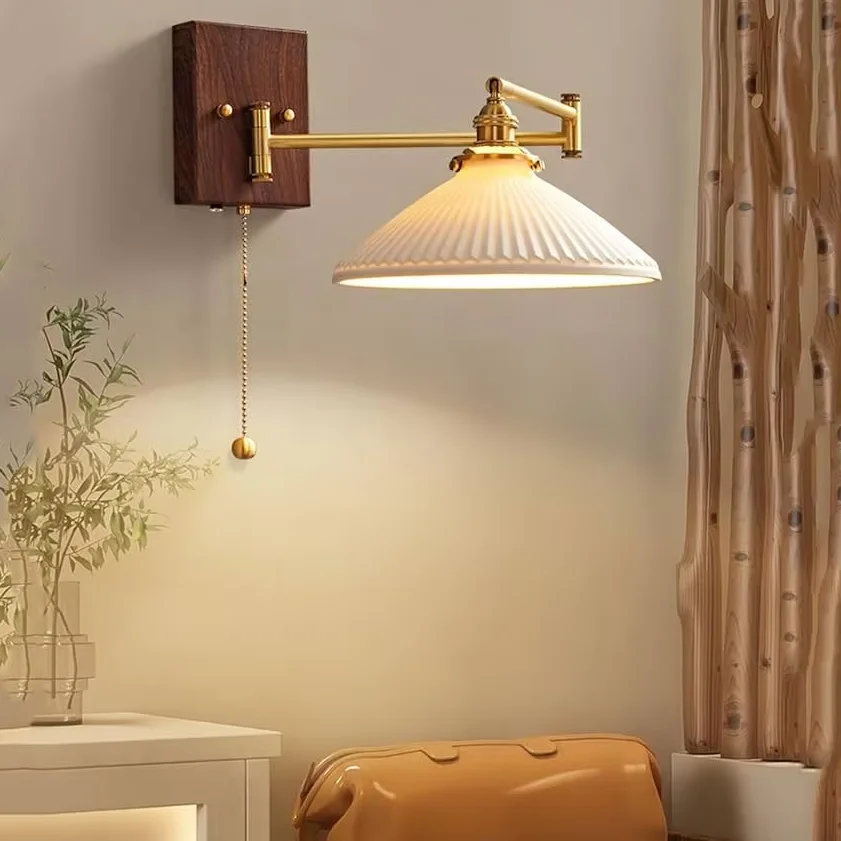 #Ceramic wall lamp with charging and telescopic rocker arm for bedside reading in the master bedroom
