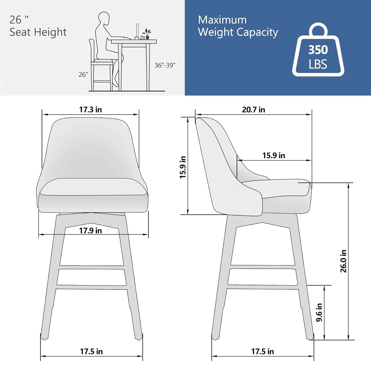 Bar Stools Set of 2, Modern Swivel Bar Stools, Bar Stool with Back & Wood Leg, Bar Chairs 26