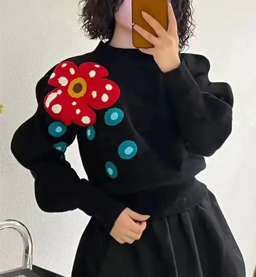 

Design Fashion Stand Collar Flower Sweater For Women French Vintage Autumn Winter Jacquard Knitted Black Puff Sleeve Pullovers