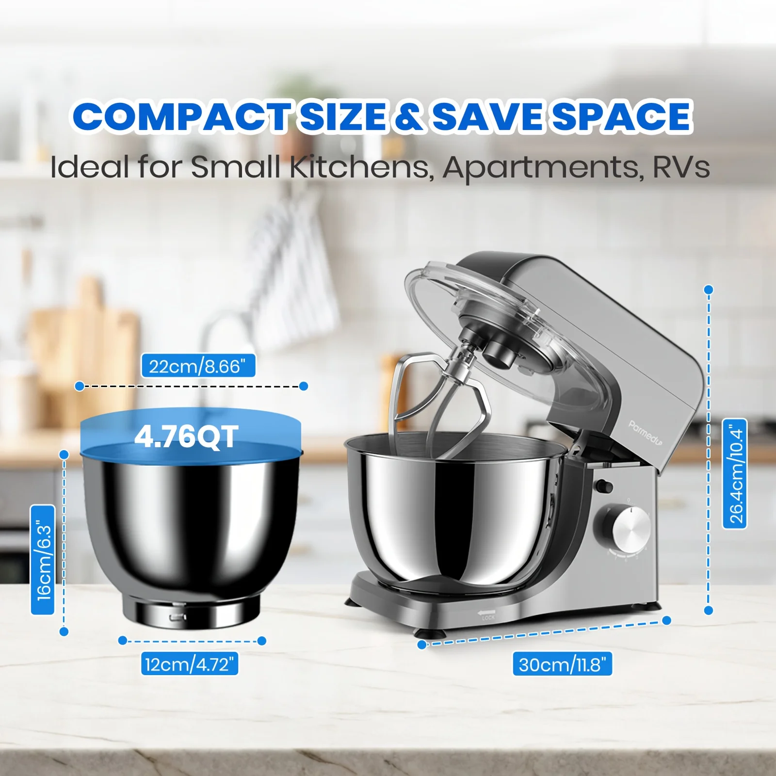 خلاط كهربائي برأس مائل ومحرك 8 سرعات - وعاء عالي التحمل 4.76 كيو تي، محرك 380 وات ونظام إمالة