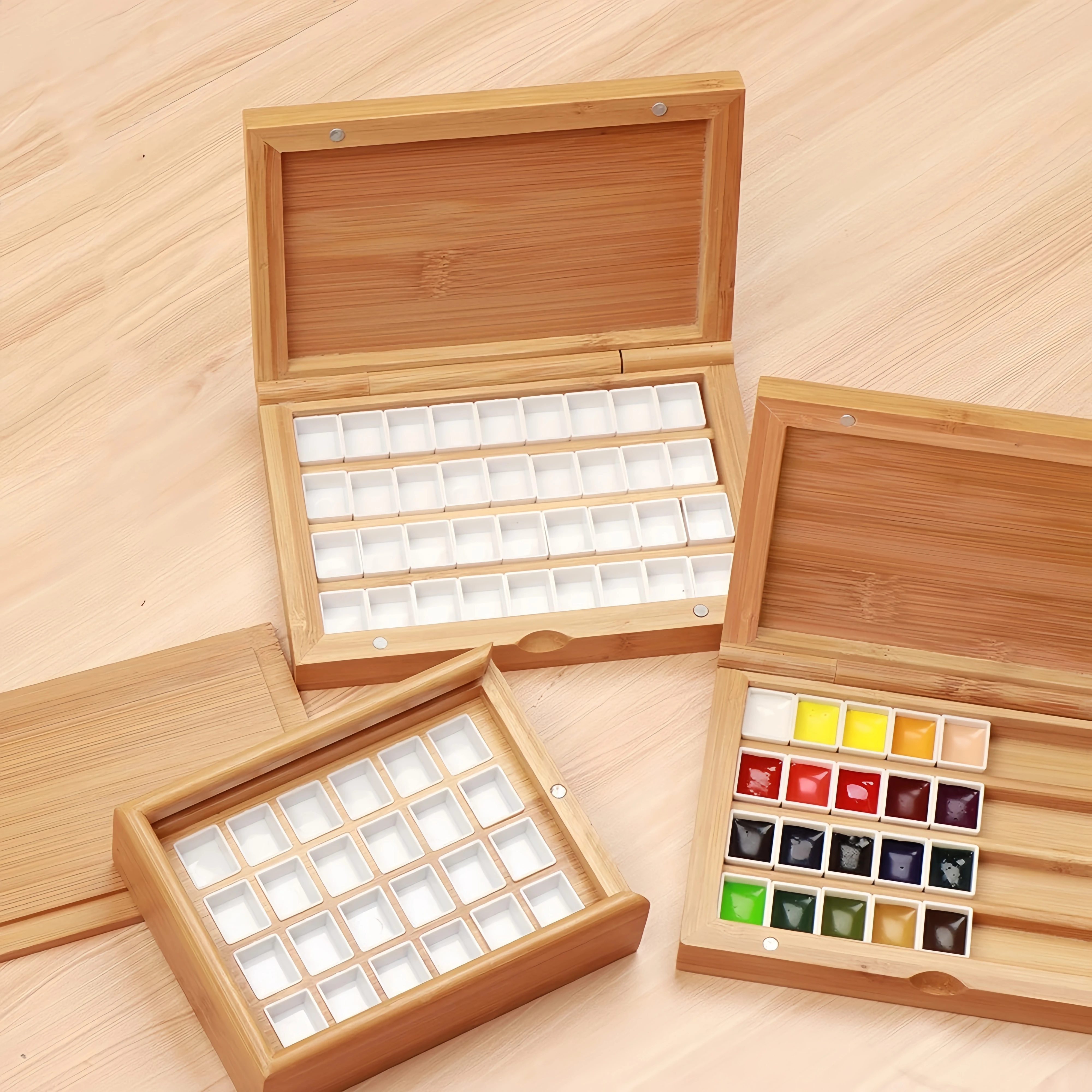 Portable Painter Paint Box Watercolor Solid Gouache Empty Bamboo Box Palette Painting Storage Paint Case Art Painting Supplies