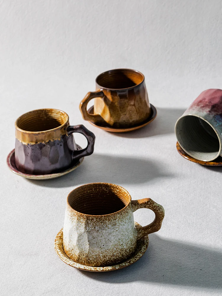 Handmade and Plate Vintage Rough Ceramic Set Ceramic Handmade Coffee Cup with Spoon