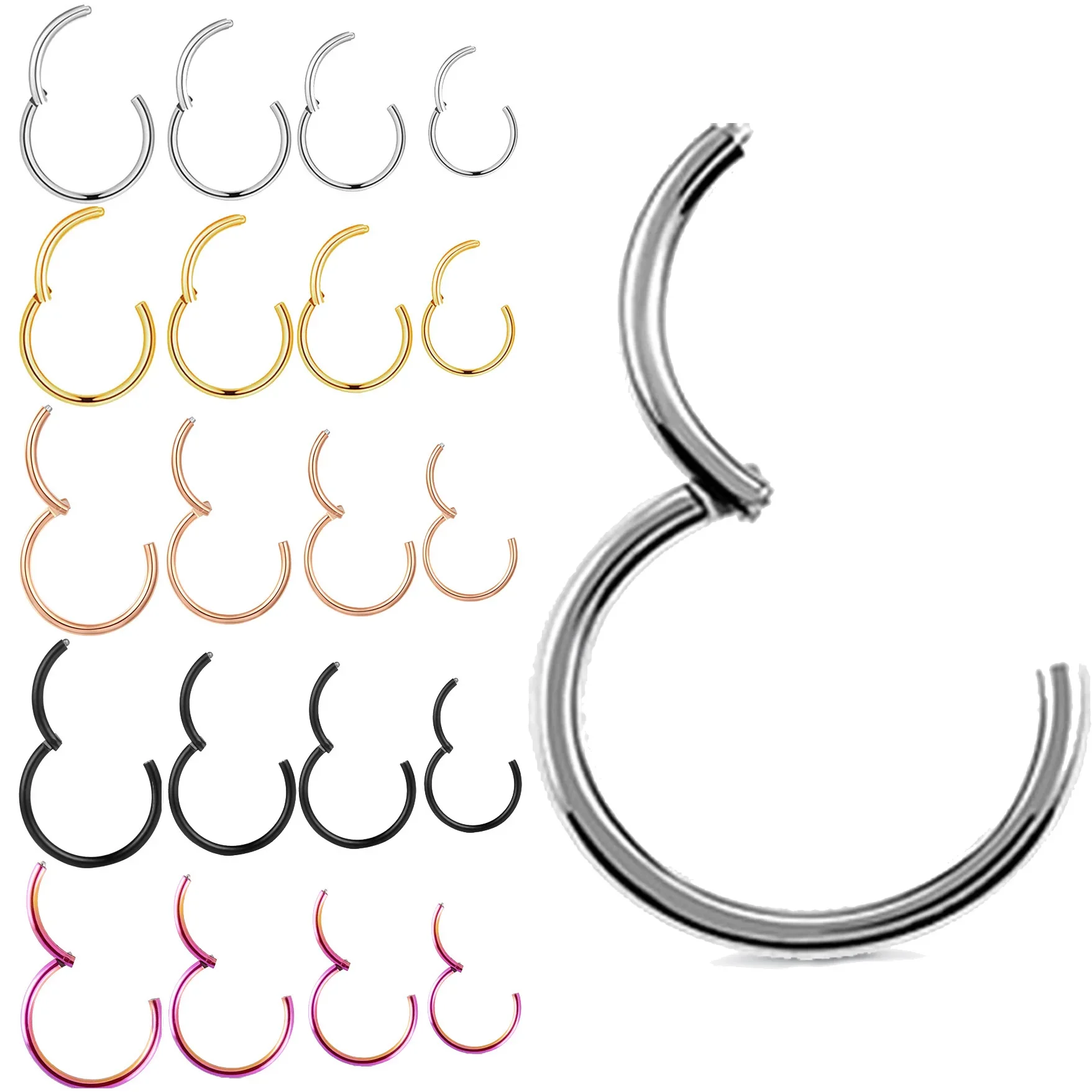 6/8/10/12mm Nose Ring Hinged Clicker Segment Nose Rings Helix Cartilage Septum Hoop Surgical Stainless Steel Seamless Earrings