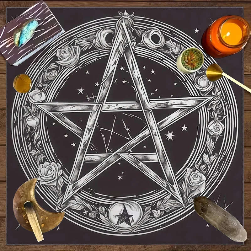 sketching style rose pentagram tarot card altar cloth astrological runes minimalist style divination mat - view 2