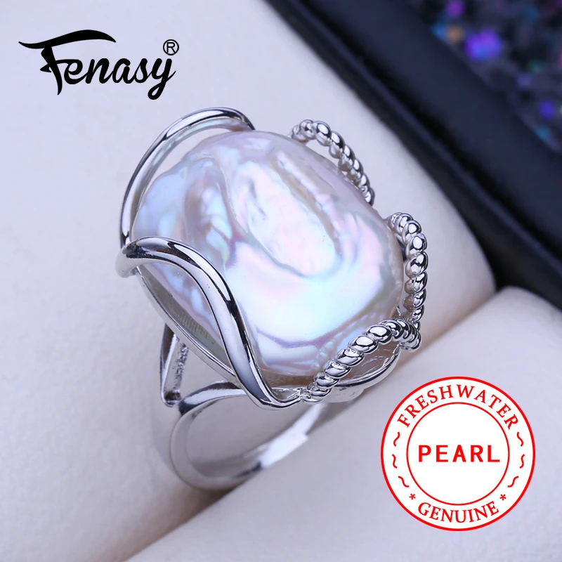 FENASY Natural Freshwater 12-16mm Big Baroque Pearl 925 Sterling Silver Rings For Women Bridal Wedding Jewelry Birthday Gift