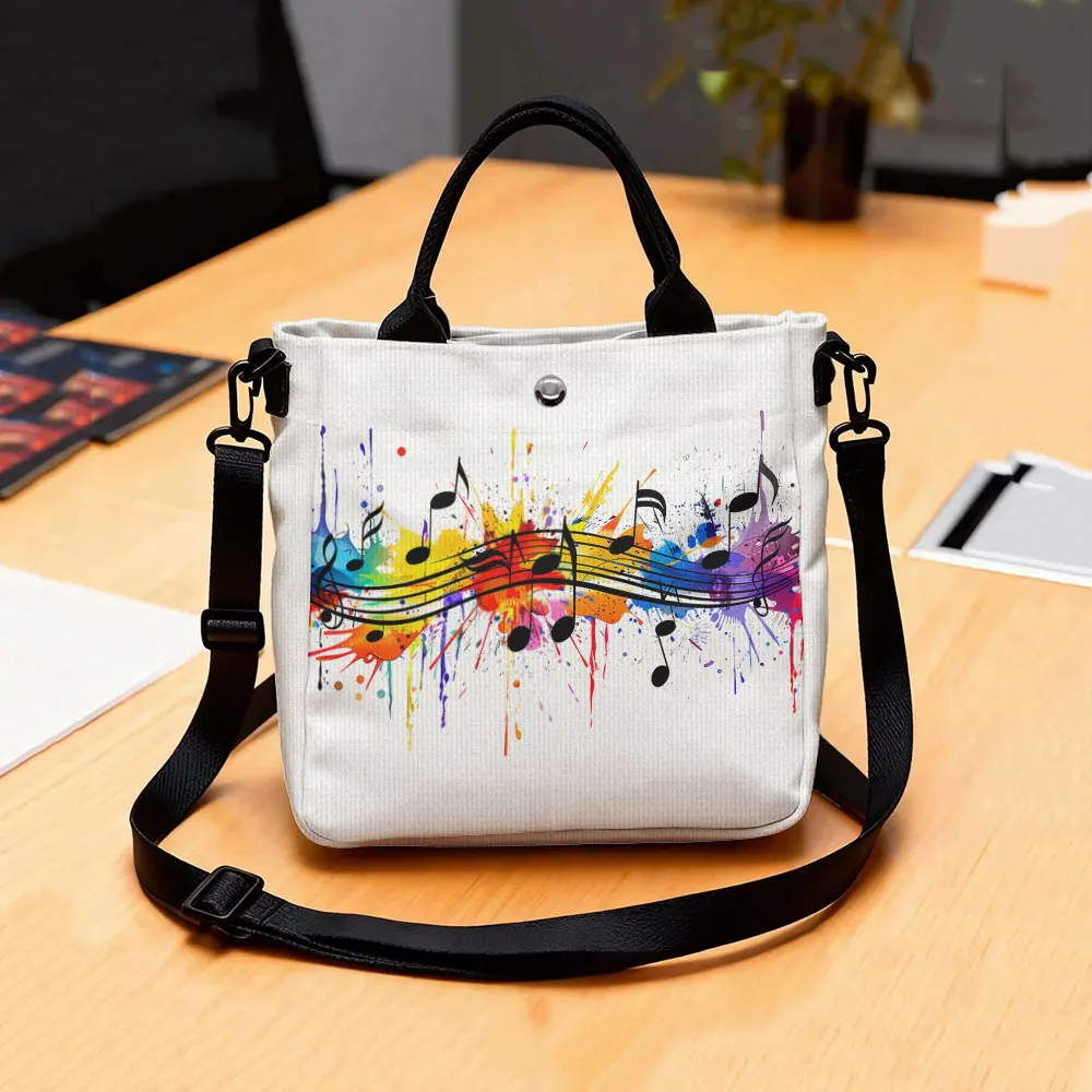 Colorful Music Note Print Tote Bag, Detachable Strap Crossbody Handbag For Daily Work Shopping