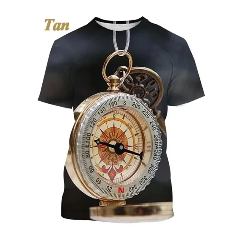 Men Pocket Watch T Shirt Vintage Clock Chain Graphic Short Sleeve Retro Casual Tee