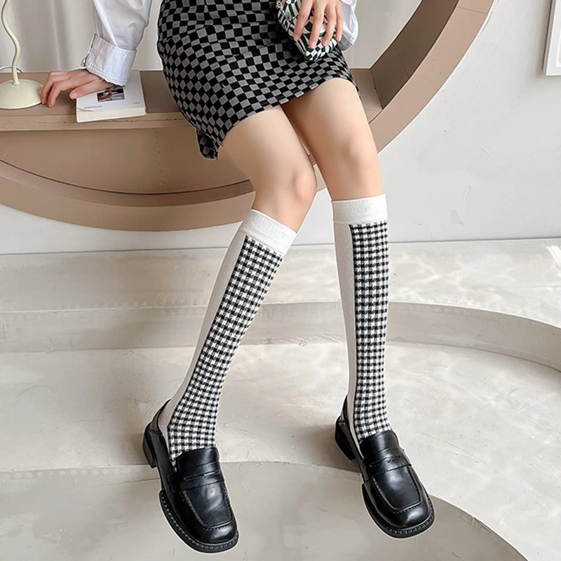 Houndstooth pattern Black and White ins fashion Knee socks women Party Queen knee-high stockings Over Knee long ladies girls