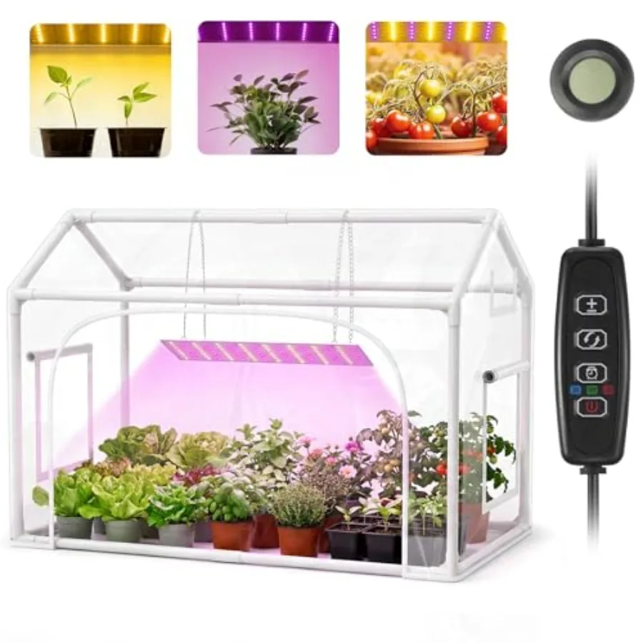 

Mini Indoor Greenhouse with Grow Lights Timer 3 Light Color Mode Thickened PVC Tent Waterproof Base Portable Green House Cabine