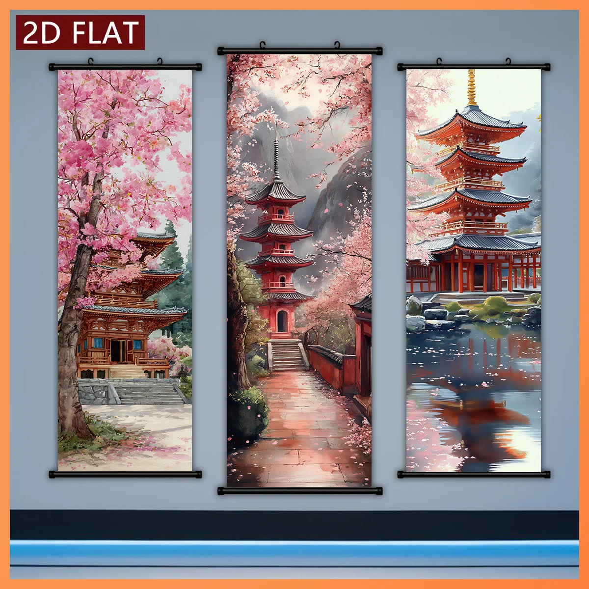 VIKAMA Japanese Cherry Blossom Pagoda 3 Piece Wall Scroll Tapestry Set Watercolor Wall Art Decor for Living Room Bedroom Gift