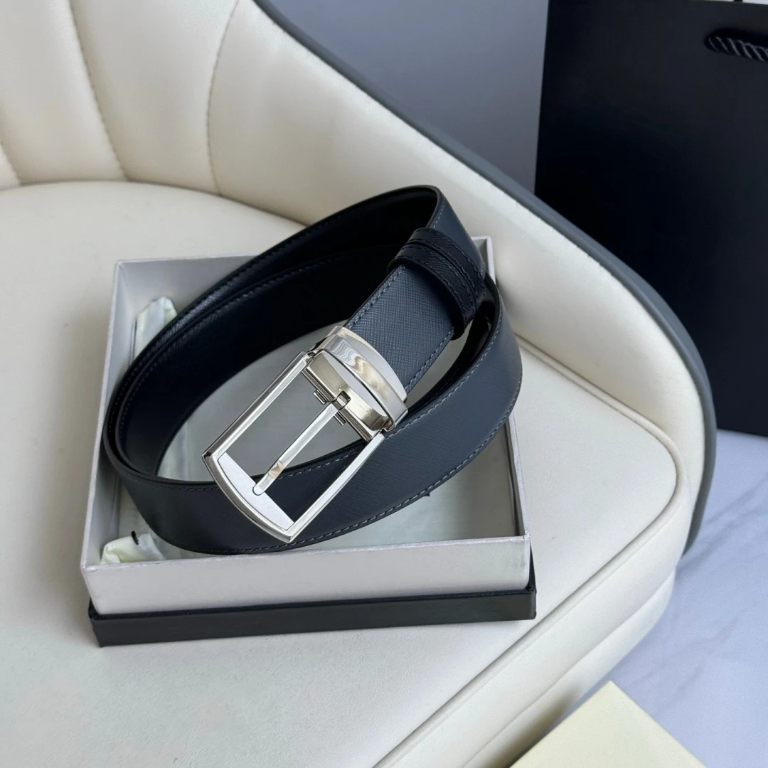 Luxury Brand Men's Reversible Cross‑Grain Leather Belt Rotatable Pin Buckle Black Grey Dual‑Sided Business Formal Waist Strap