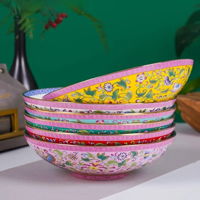 Jingdezhen high-end ceramic soup plate, court style 8-inch enamel color hat plate, Chinese style national style plate