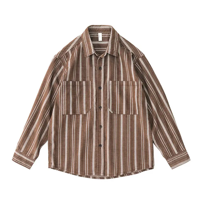 Men Japanese Vintage Artistic Casual Loose Corduroy Color Block Striped Long Sleeve Shirt Button Up Layering Autumn Daily Tops