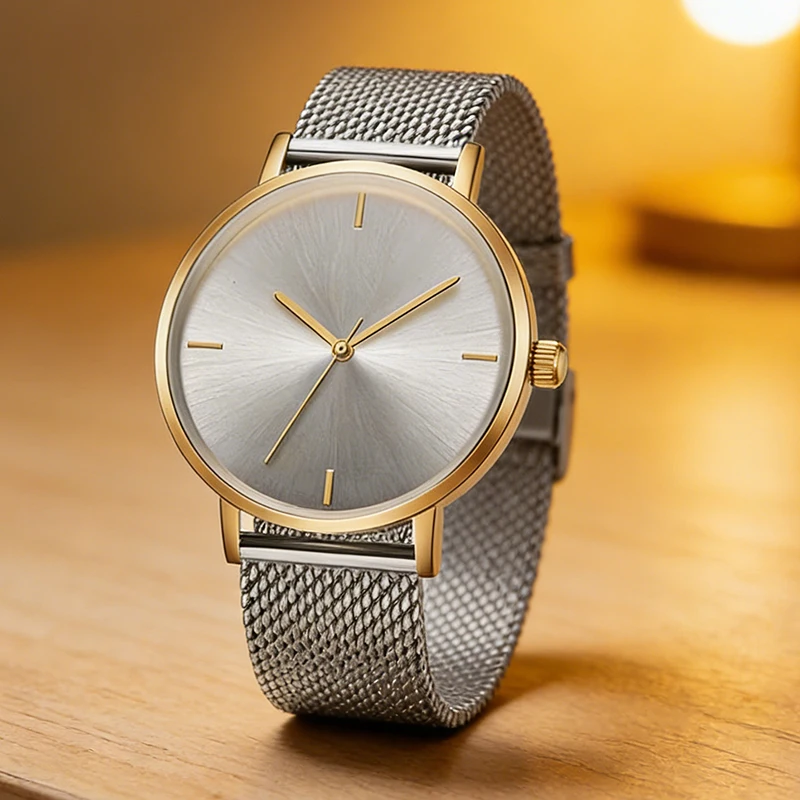 

Минималистичные двухцветные часы для мужчин, ультратонкие наручные часы с сетчатым ремешком из нержавеющей стали и матовым циферблатом, повседневные модные кварцевые часы