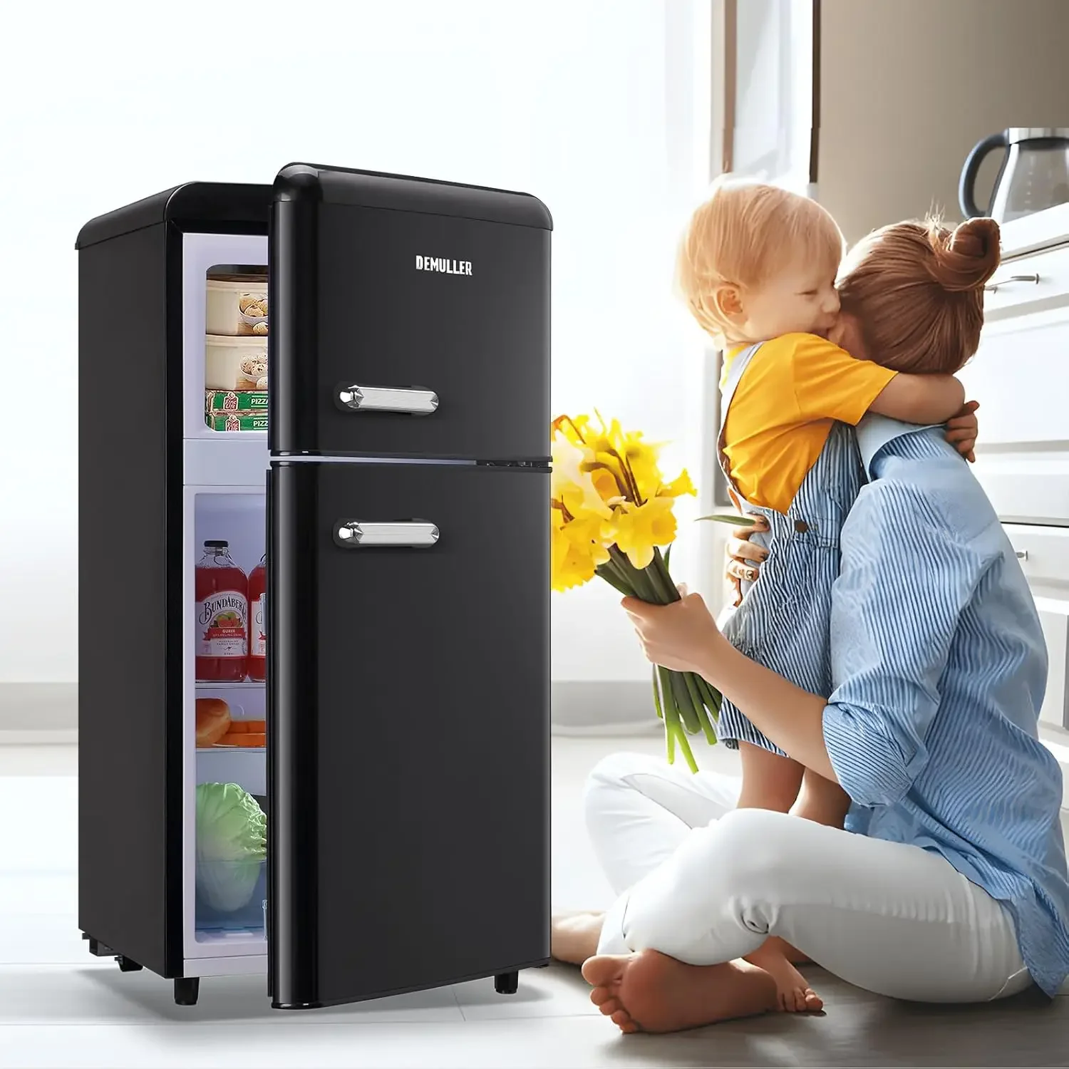 Fridge Dual Door Refrigerator with Freezer, 3.5 Cu.Ft Compact Refrigerator with Handle, Adjustable Temperature & Removable Glass
