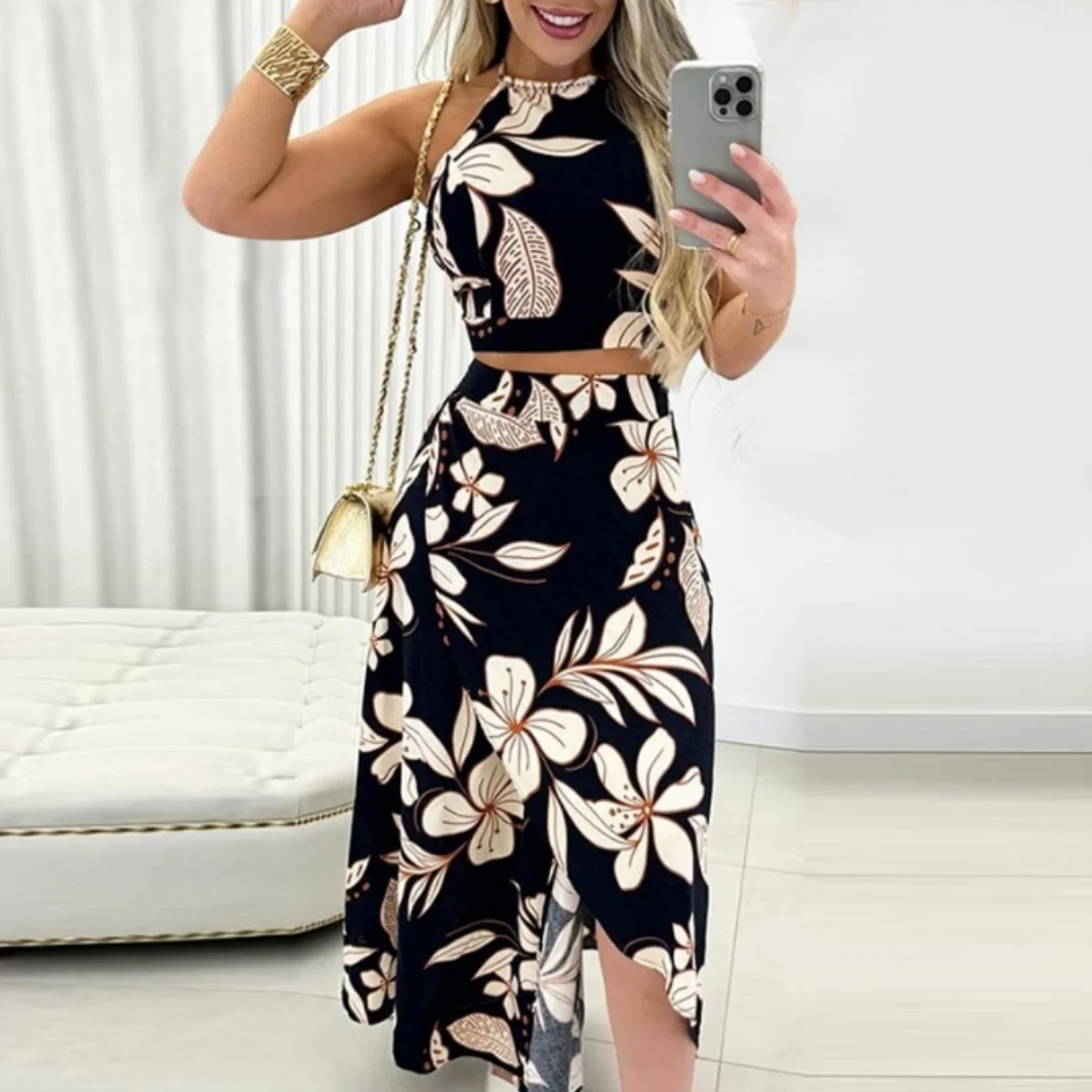 

Chic Floral Halter Crop Top & High Slit Maxi Skirt Elegant Mature Style Woman 2 Piece Set Outfit for Casual Daily and Date Night