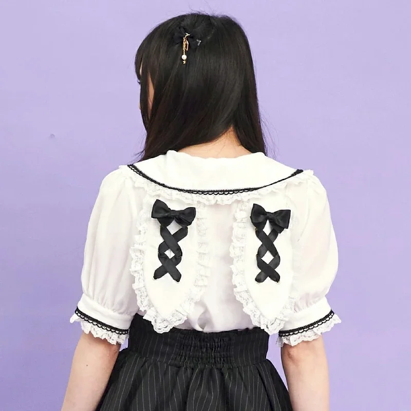 Japanese Rojiita Sweet Rabbit Ear Shirt Short-sleeved Top Bow O-Neck Lace Fungus Edge Versatile Single-breasted Blouse Ladies