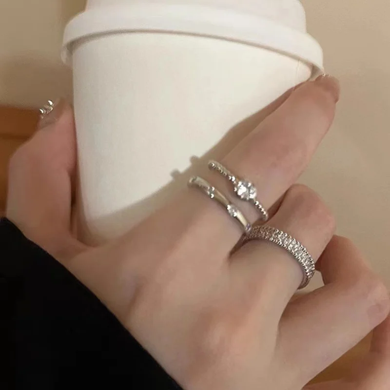 

New Personality Plain Circle Silver Color Elegance Open Mouth Rings Three-piece Set for Women Trend Party Aesthetic Jewelry Gift