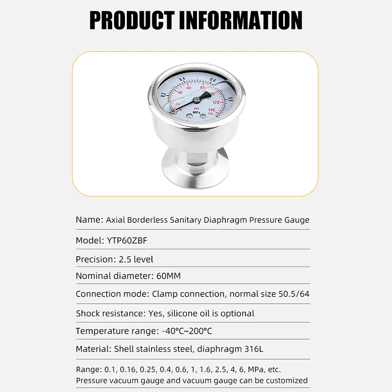 Stainless Steel Diaphragm Pressure Gauge With 50.5 Chuck Connection For Air Gas Water Fuel Liquid.0.1/0.16/0.25/0.4/0.6/1/1.6mpa