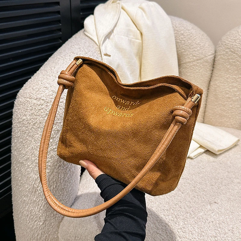 Damen-Handtasche aus Wildleder mit großer Kapazität und Buchstabenmuster, magnetische Schnalle, Samt, PU-Unterarmtasche im Retro-koreanischen Stil – Detail 25