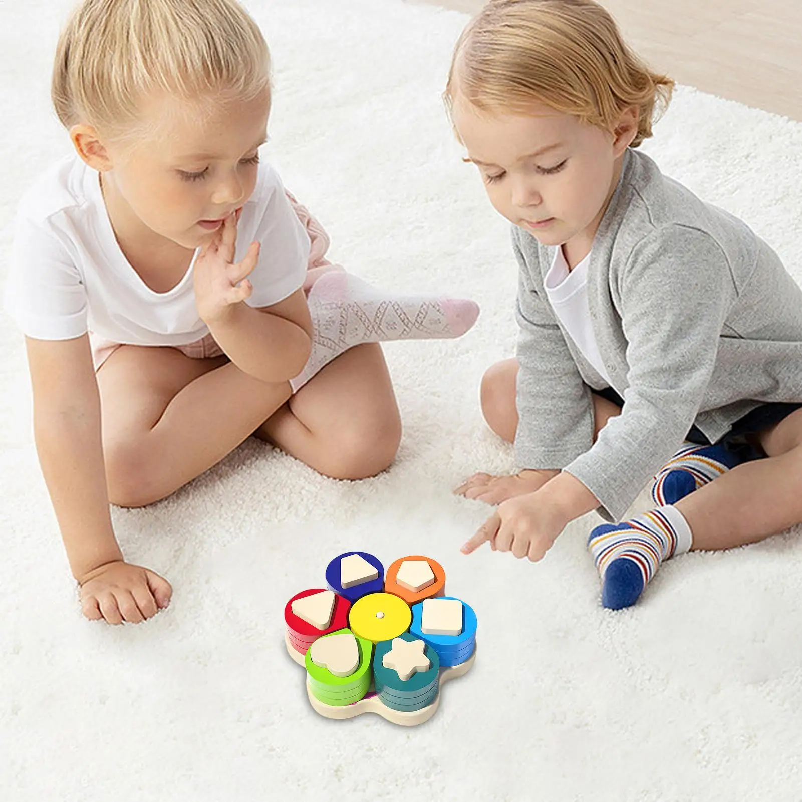 Drewniane zabawki edukacyjne do sortowania kolorów i kształtów, gra dopasowująca kolory i kształty, geometryczne kształty, rozpoznawanie kolorów, gra w sortowaniu, zabawka edukacyjna dla najmłodszych.