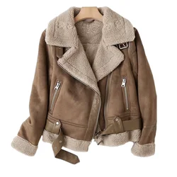 Winter Women Thick Warm Faux Suede Lamb Wool Jacket Short Motorcycle Biker Coat Black Khaki Casual Leather Jacket Female Outwear