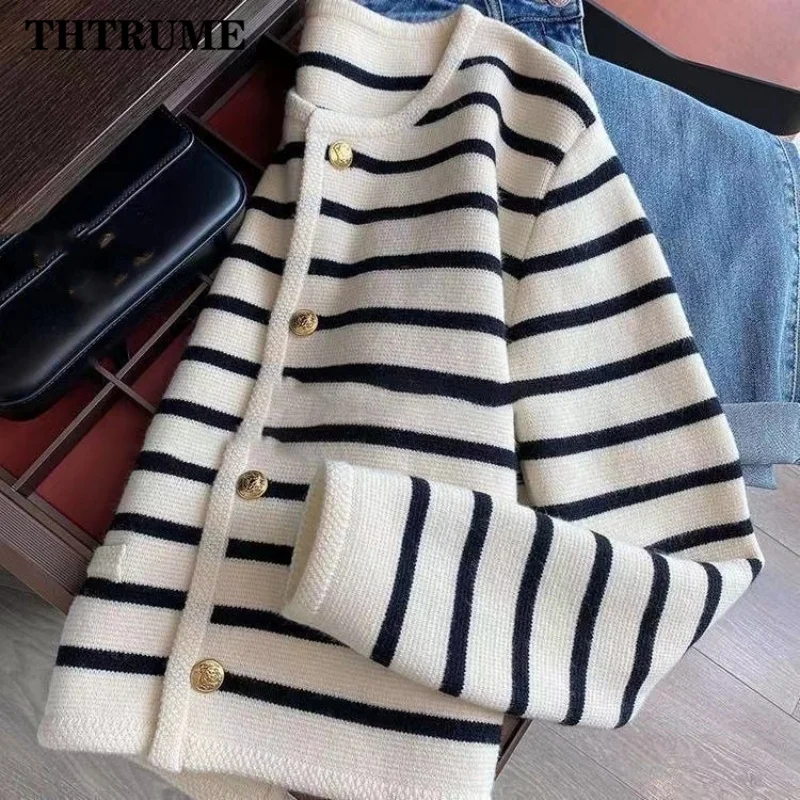 Women Fashion Warm Sweater Autumn Winter Knitted Striped O-Neck Single Breasted Jumper Casual Office Lady Long Sleeve Cardigan