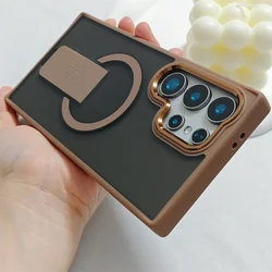 Luxury Fold For Magsafe Magnetic Stand Phone Case For Samsung S26 S25 Edge Plus S23 S24 Ultra Plating Lens Frame Matte Cover