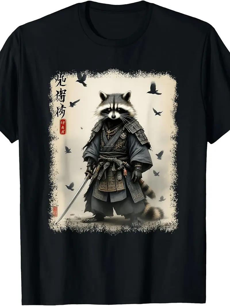Samurai Raccoon Japanese Warrior Vintage Anime T-Shirt Retro Style Graphic Tee Casual Short Sleeve Top For Daily Wear & Outdoor