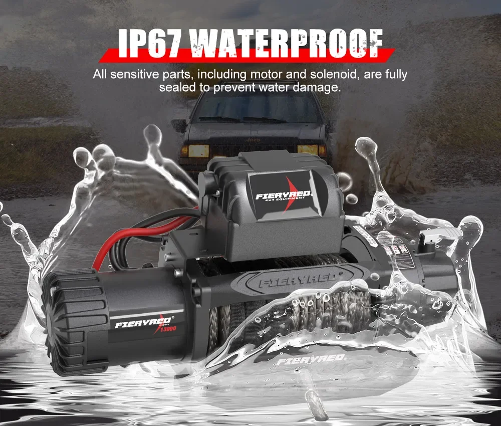 FIERYRED 12V 13000LBS/5909KG IP67 Waterproof Car 4x4 Offroad SUV Wired/Wireless Control Synthetic Rope Electric Winch