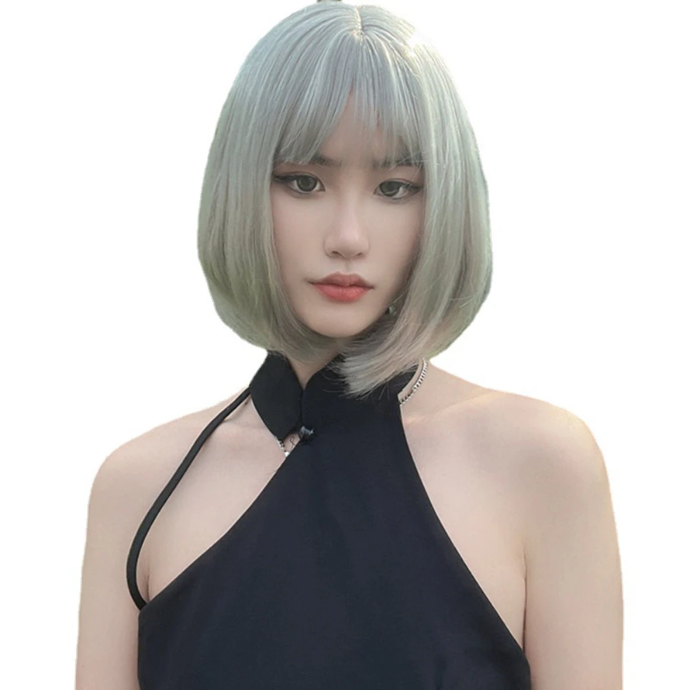 Grey Bob synthetische Natur haar Perücke mit flauschigen Pony für Frauen kurze gerade Perücken hitze beständige tägliche Cosplay Perücke