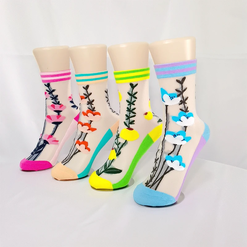 Cute Glass Silk Women\'s Socks Spring Summer Breathable Fashion Cartoon Literary Flower Socks Korean Fashion Harajuku Fun Socks