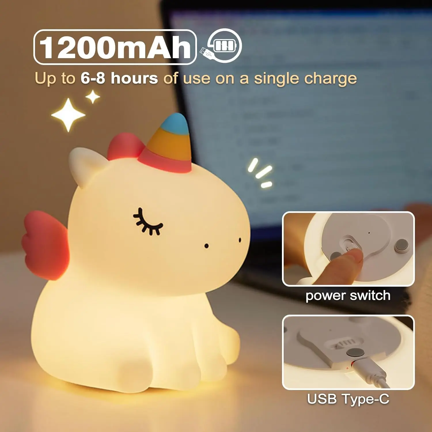 Cute Unicorn Night Light Dimmable Nursery Sleeping Light Rechargeable Bedside Touch Lamp For Baby Room Decor