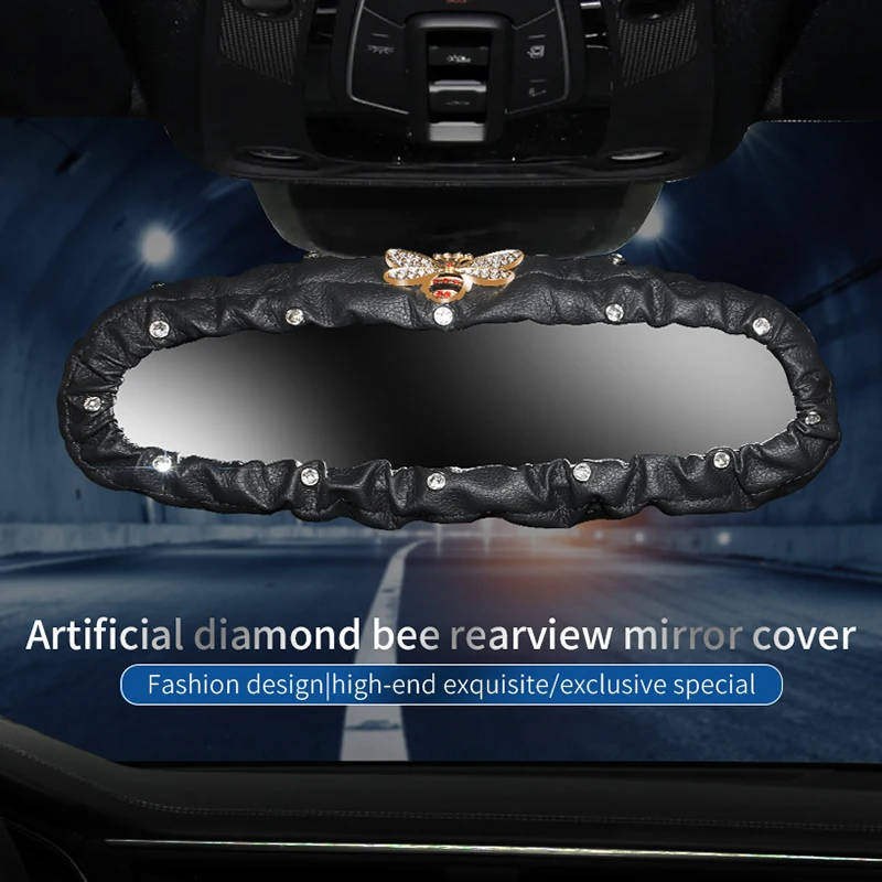 Universal Bling Bling Crown Bee Car Rearview Mirror Accessories Mirror Leather Decorative Cover Shiny Rhinestones for Women