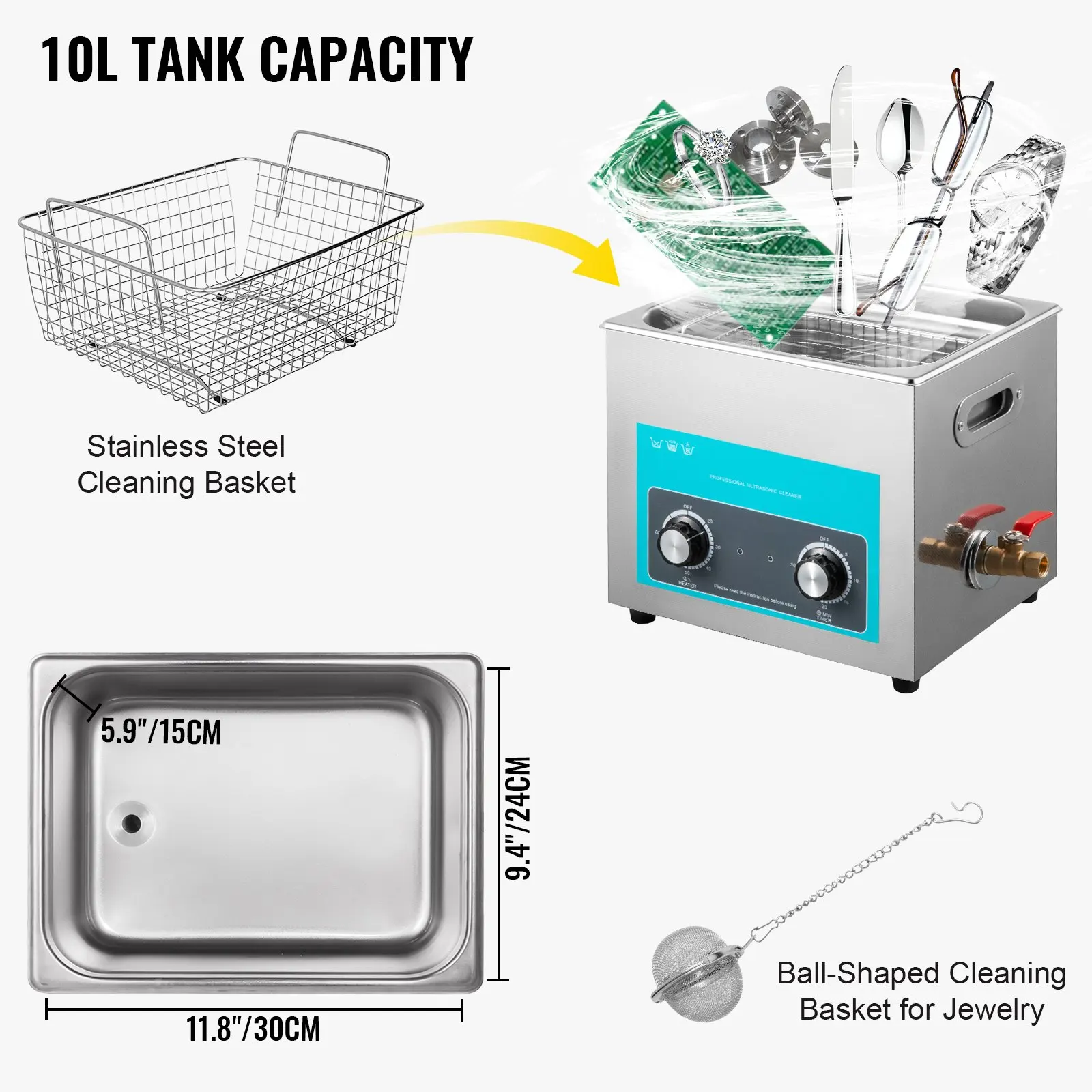 10L Ultrasonic Cleaner With Heater Stainless Steel Knob Control Heating Power 400W Ultrasonic Cleaning Machine Jewelry Eyeglass