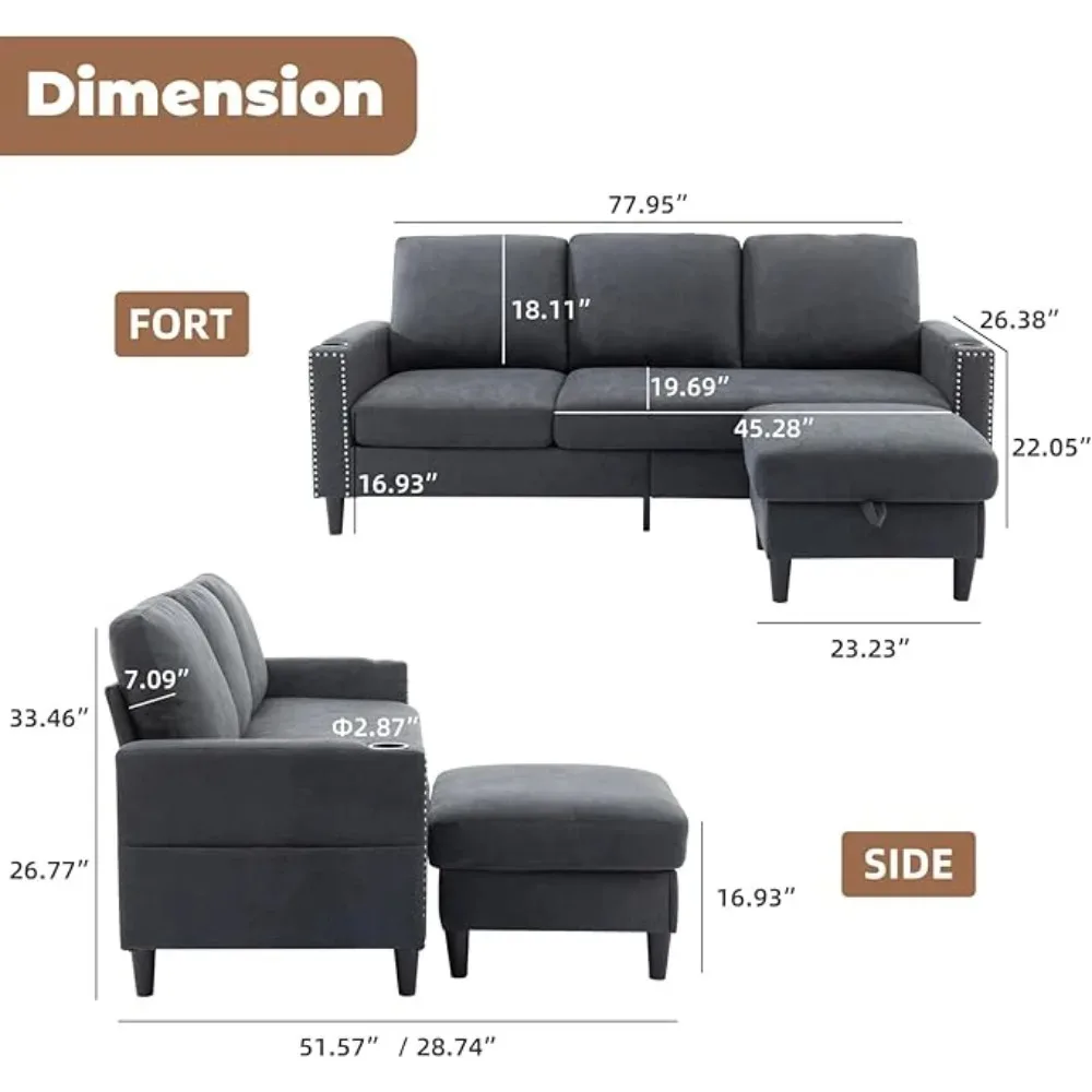 Sectional Sofa with Ottoman Nail-Head Design Linen Right Facing Modern Couches with Cup Holder L Shaped Sectional Sofa