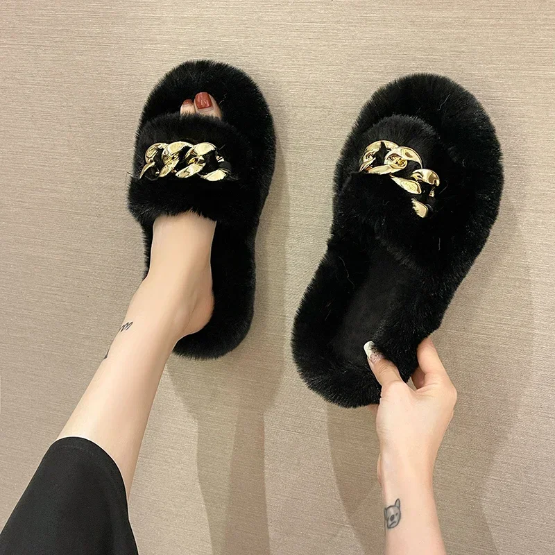 Fashion Designer Women Home Slippers Solid Color Open Toe Indoor 2024 Winter New Flat Non-slip Leisure Interior Female Shoes