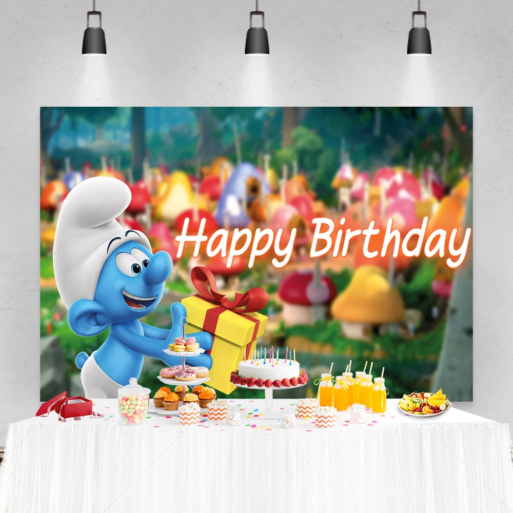 Miniso Smurfs Birthday Party Decoration Background Baby Shower Cake Table Happy Birthday Poster Photography Studio Custom Props