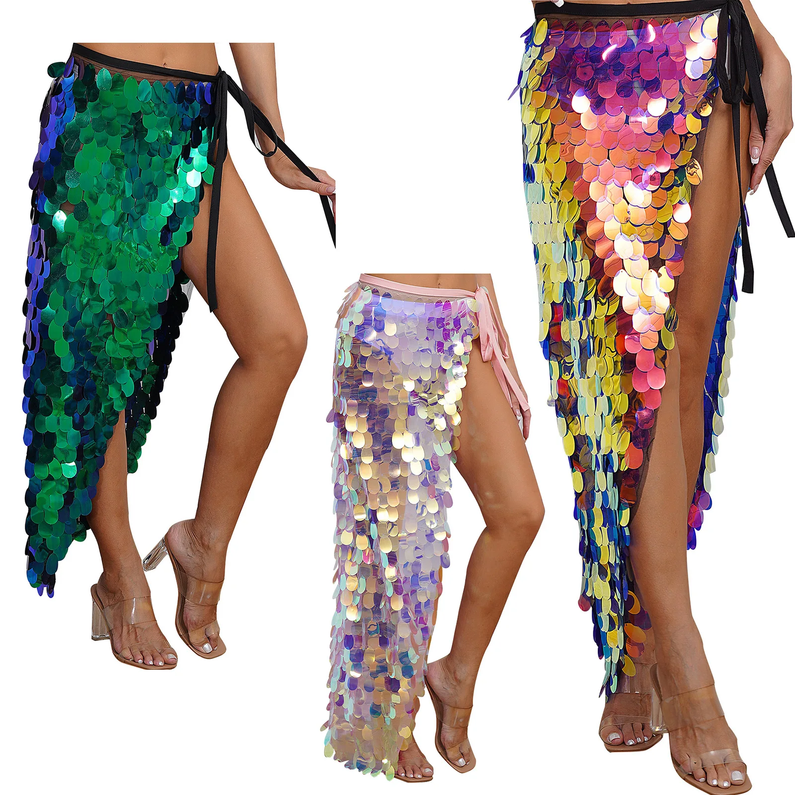 Women Sequins Belly Dance Skirt Sparkly Sequin Lace-Up Mermaid Fish Scale Dress Hip Scarf Wrap Costumes for Festival Party Show