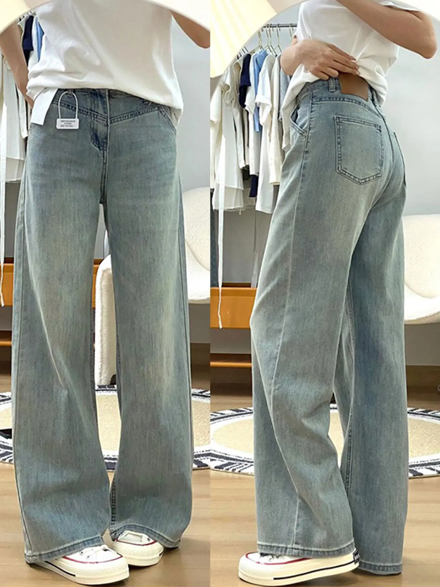 

plus Size Women's Casual Wide Leg Jeans Spring Autumn Lightweight Loose Fit Straight Cut Trousers for Pear aped Body