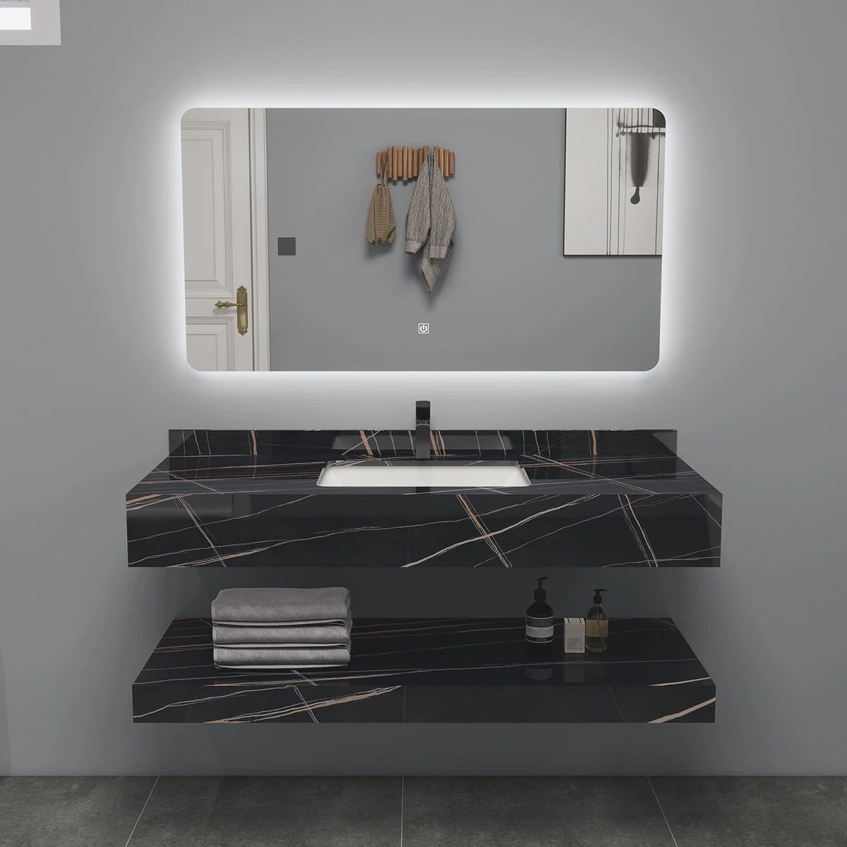 @#Modern Hotel Use Bathroom Vanity Unit Combined Basin Double-Layer Rock Slab Ceramic LED Touch Illuminate Smart Wall-Mounted