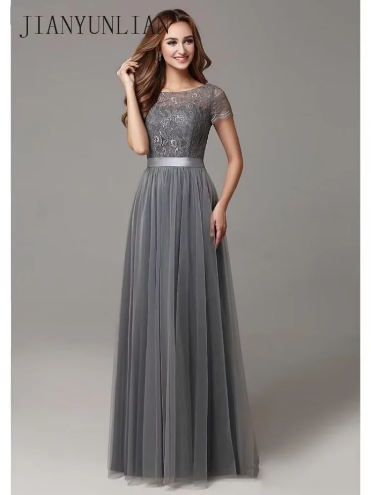 

Серое длинное женское платье с рукавами-крылышками, кружевное Тюлевое платье с короткими рукавами и прозрачным вырезом, официальное платье для свадебной вечеринки