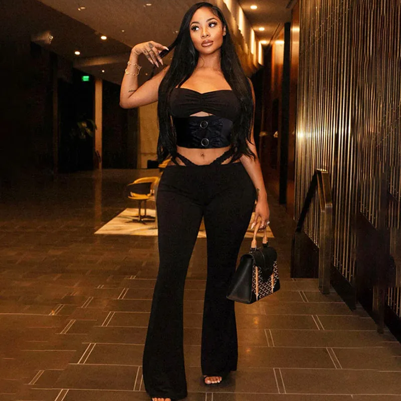 

Sexy Lace Floral Hollow Out Club Outfits Woman Two Piece Set Patchwork Metal Ring Halter Crop Top and Flare Pants Matching Sets