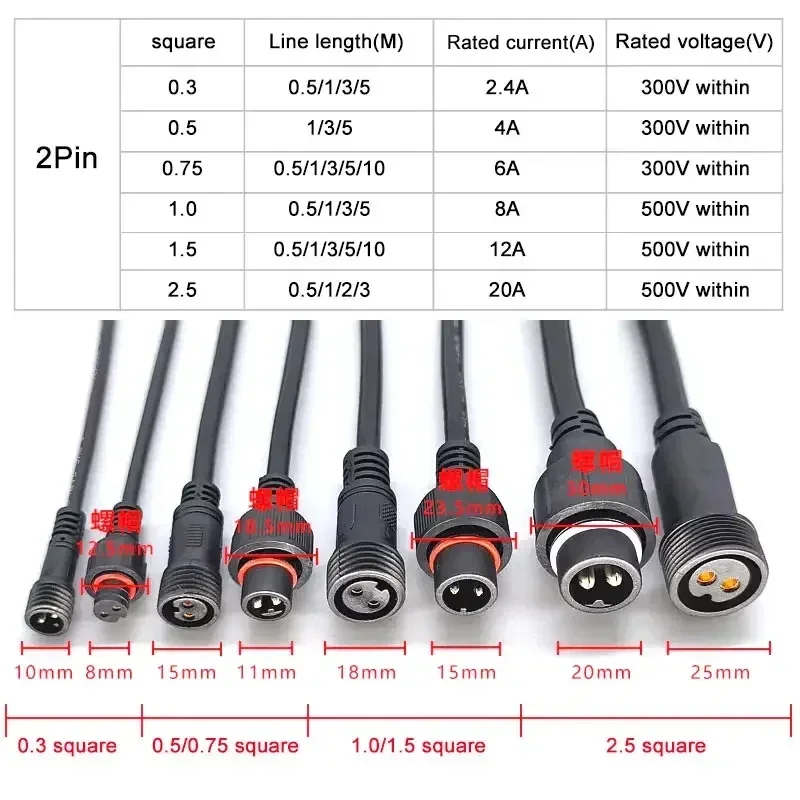 Waterproof Plug 2 Pin Male To Female Extension Cable 0.3/0.5/0.75/1.0/1.5/2.5 Square Outdoors LED Connector 10M Lamp Power Cord