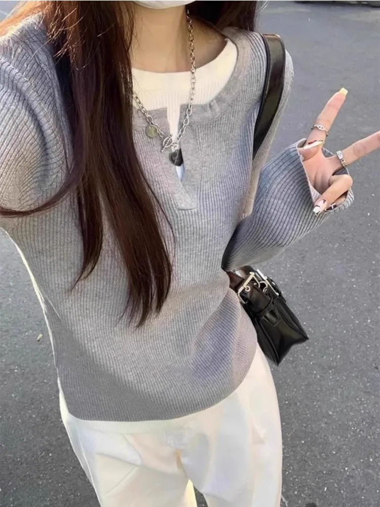 

Fake Two Piece T-shirts Women Long Sleeve Stylish All-match Spring Simple Harajuku Basic Elegant Mujer Clothing O-neck Camisetas