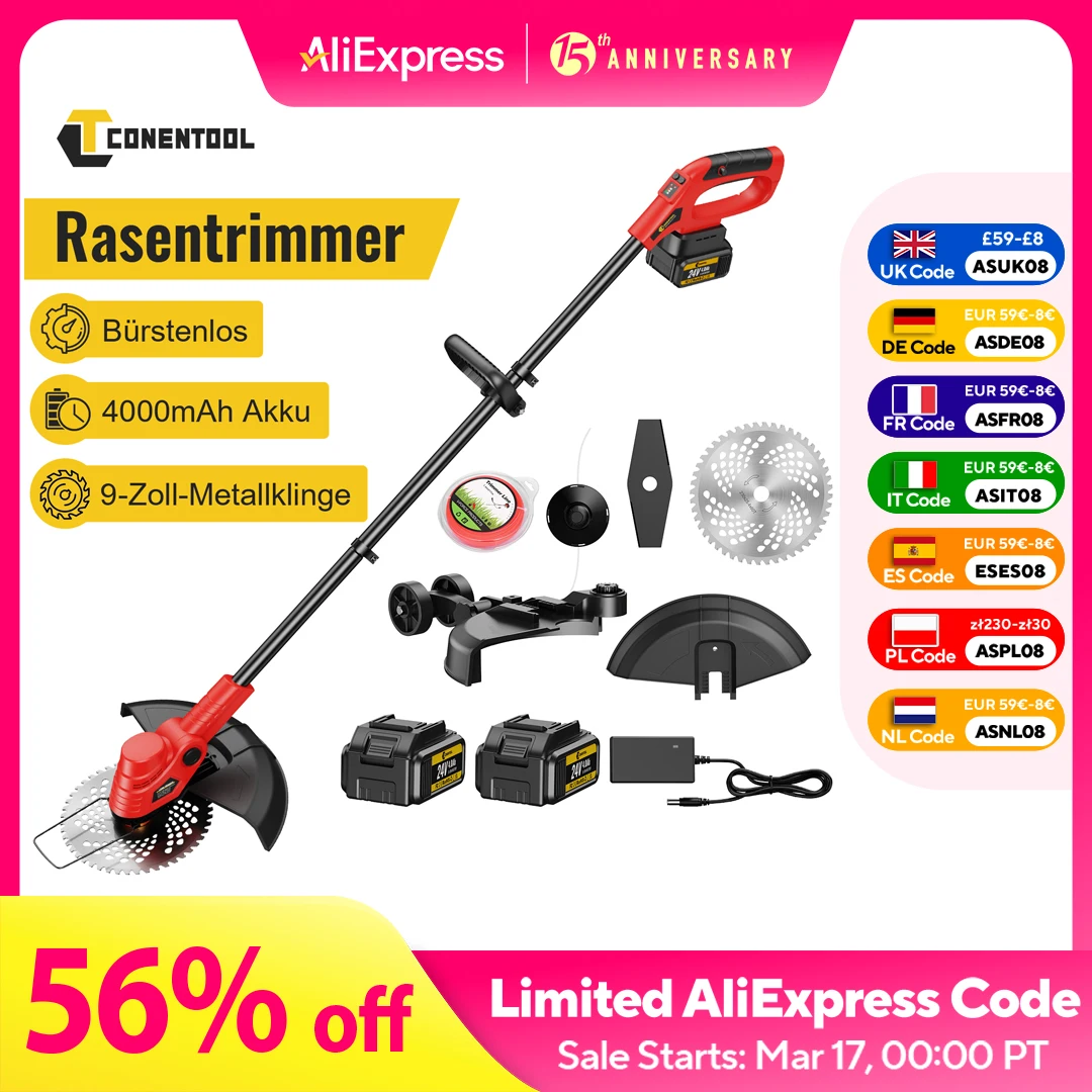 Conentool Metal Blade Strimmer,1000W Telescopic Cordless Strimmer,2x4000mAh Battery Trimmer Electric Lawn Mower Grass Strimmer