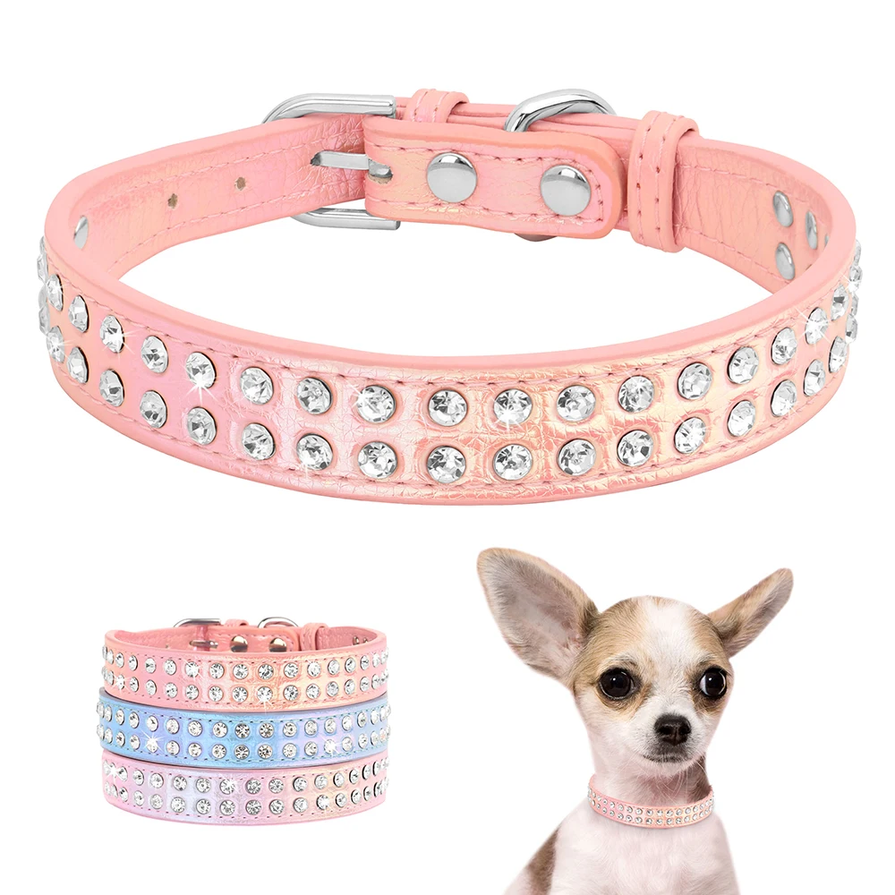 Crystal Small Dog Collar Leather Rhinestone Pet Dogs Collar Padded Puppy Cat Collars Adjustable for Small Dogs Chihuahua