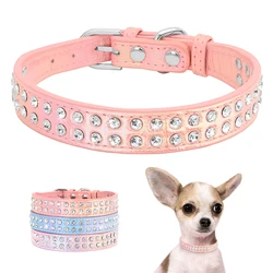 Crystal Small Dog Collar Leather Rhinestone Pet Dogs Collar Padded Puppy Cat Collars Adjustable for Small Dogs Chihuahua