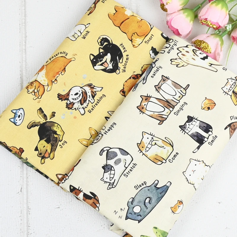 

Half Yard Plain 100% Cotton Fabric Hand Drawing Cartoon Dog Cat Print, Handmade DIY Bag Garment Sewing Telas CR-1706