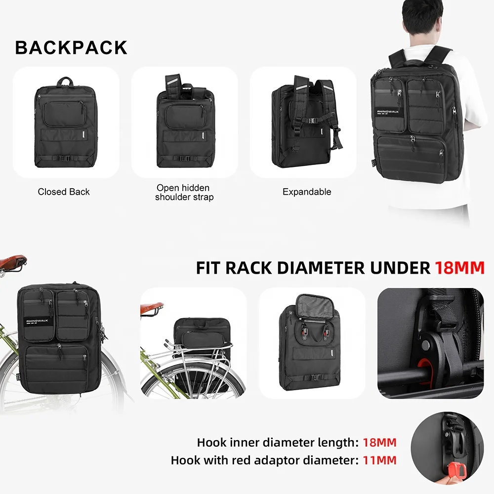 Rhinowalk 25L صديقة للبيئة دراجة حقيبة بسلال مادة RPET الرف الخلفي على ظهره مقعد جذع أكياس بسلال للدراجات